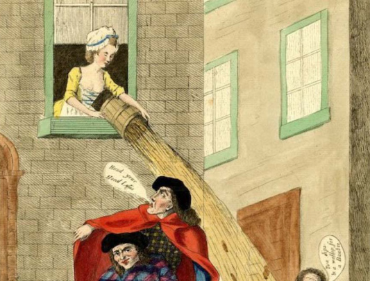 Illustration of a woman emptying a chamber pot out a window onto the heads of two men who are yelling at her in French
