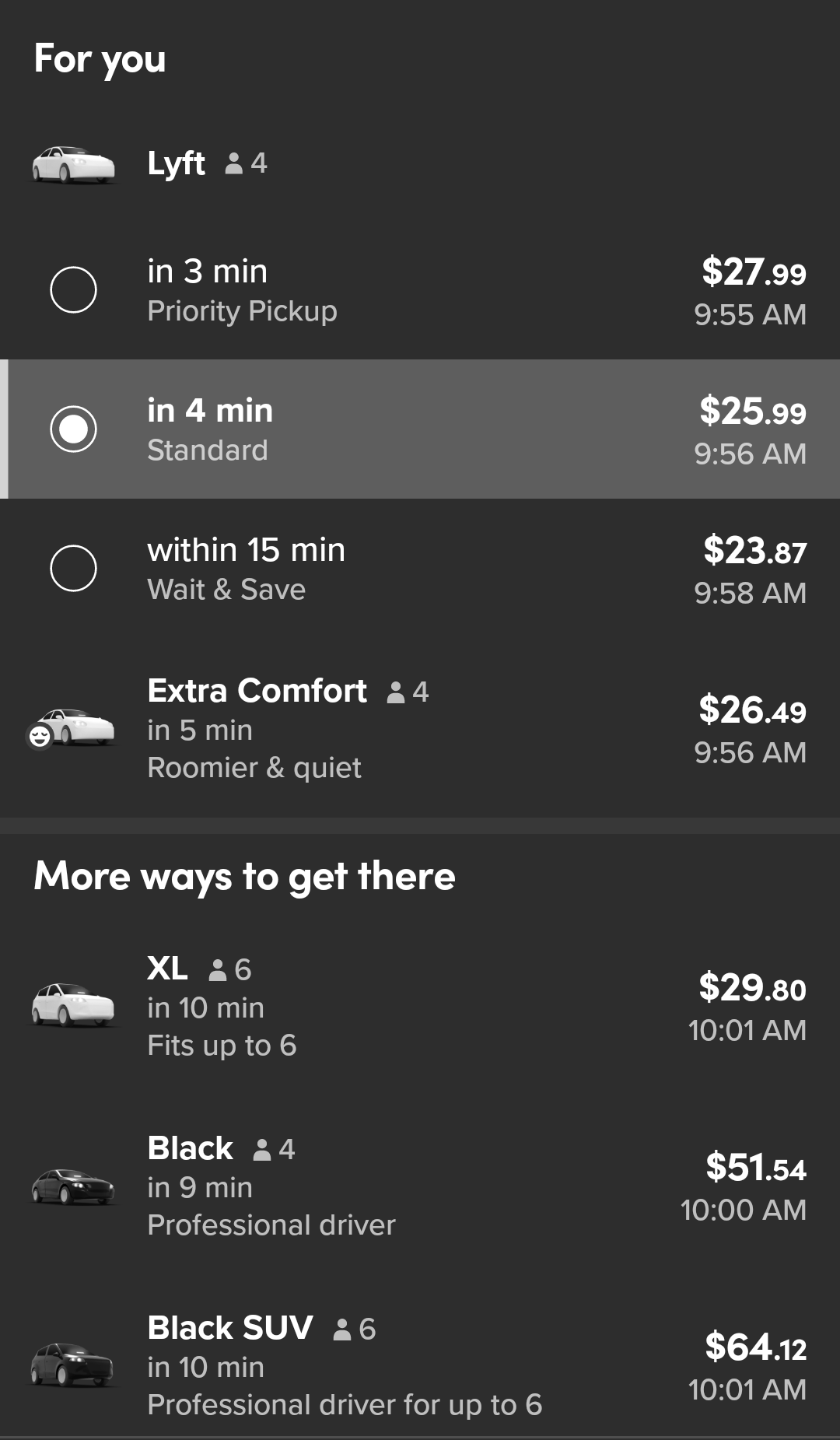 Screenshot of Lyft interface with fees