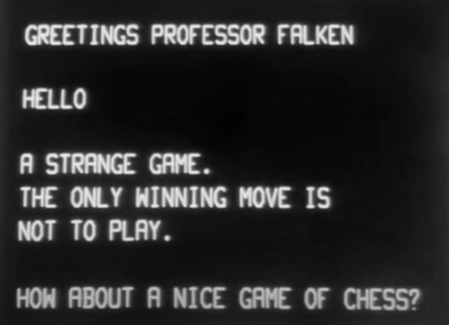 Screenshot from the movie Wargames showing conversation with computer