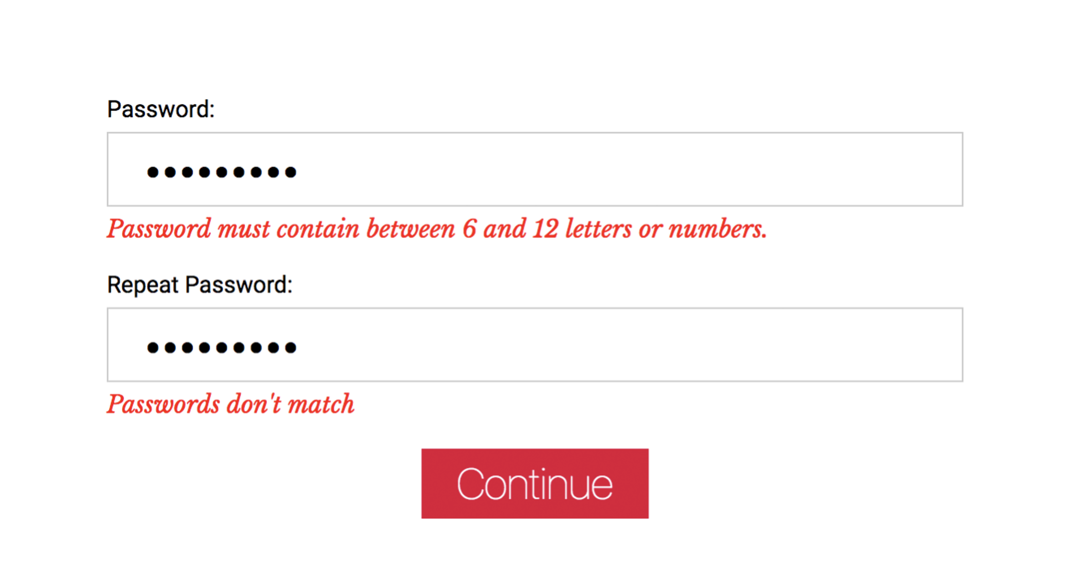 screenshot of password entry form showing errors