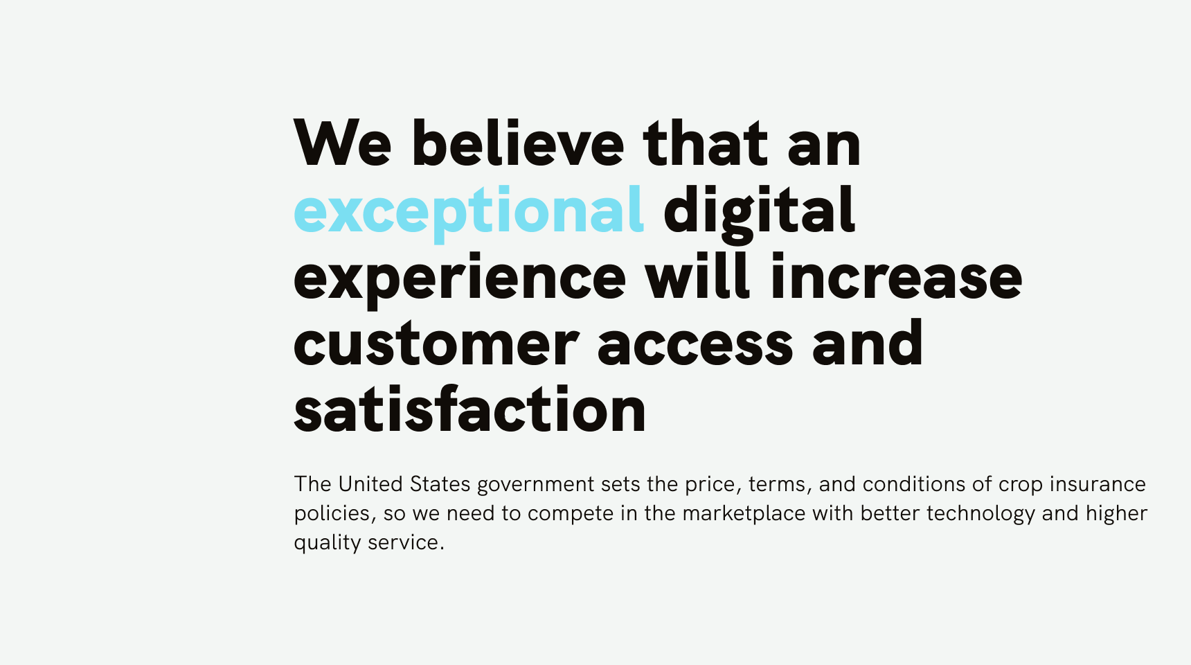 Slide explaining the project goal of creating an exceptional digital experience to enhance customer access and satisfaction in crop insurance services.