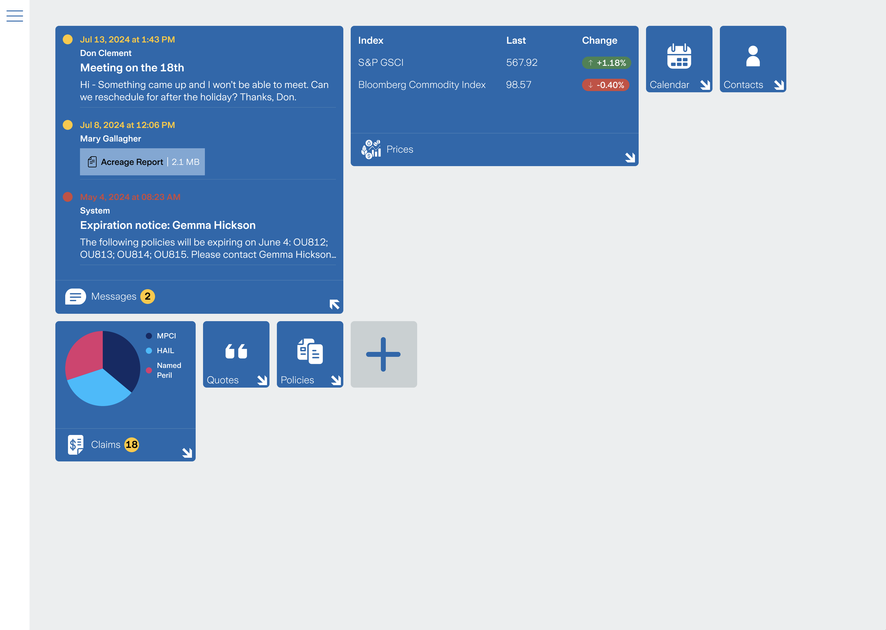 Dashboard displaying messages, meeting reminders, policy expirations, claims, and market index updates with actions for quotes and policies.