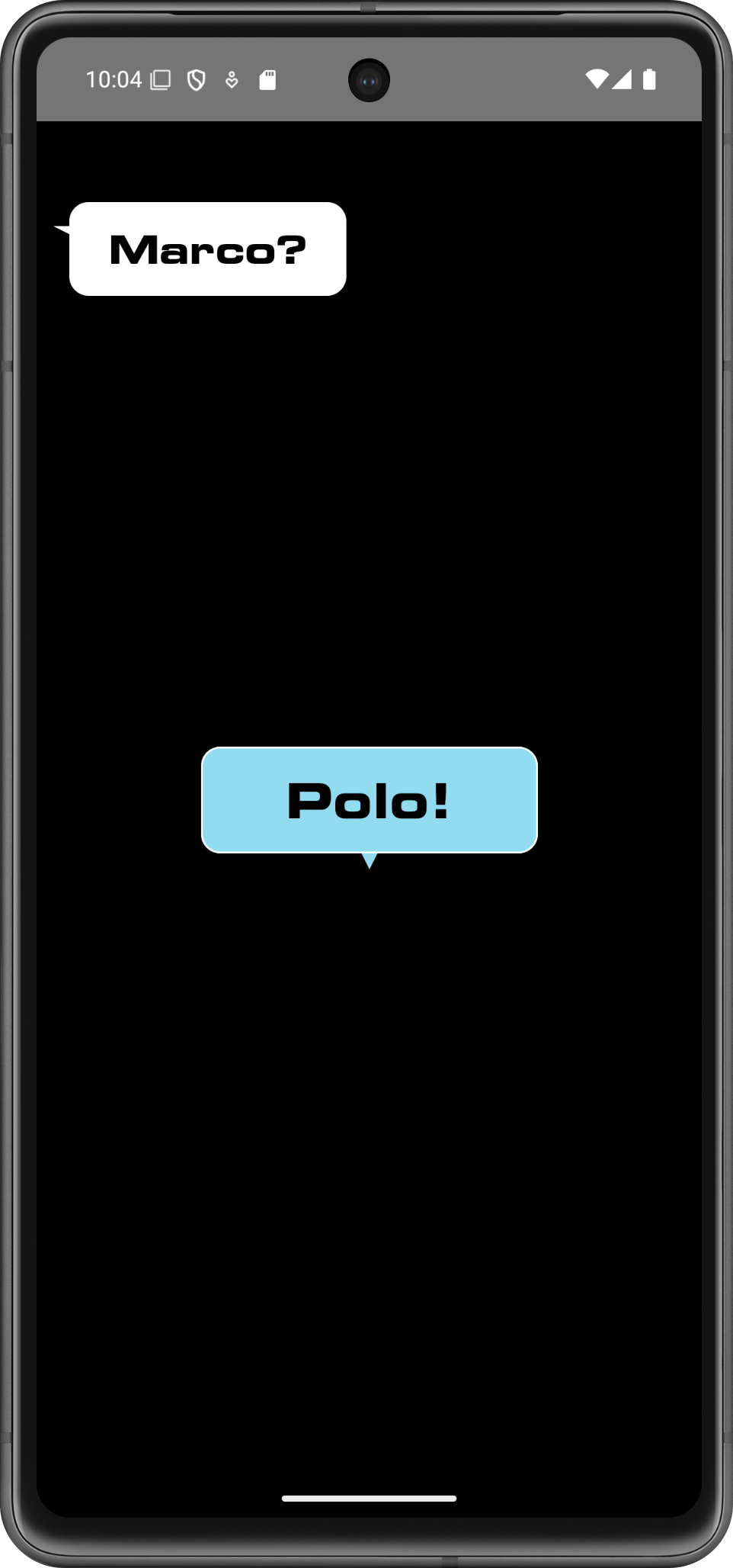 Screenshot of an app with a dialogue box that says Marco and a button that says Polo