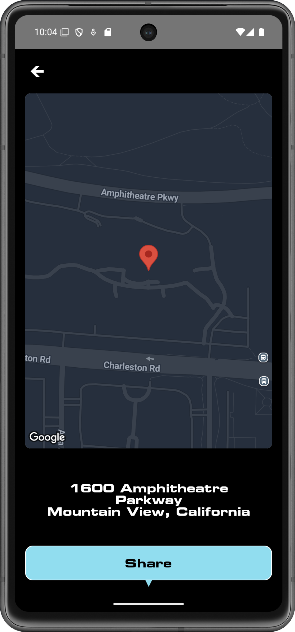Screenshot of an app showing a map with the user location, the location address, and a share button