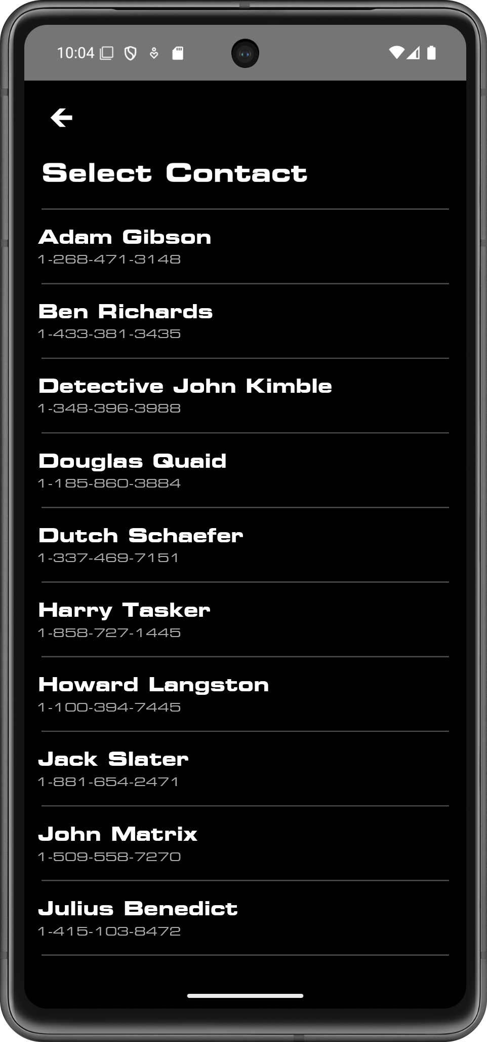 Screenshot of an app listing user contact list