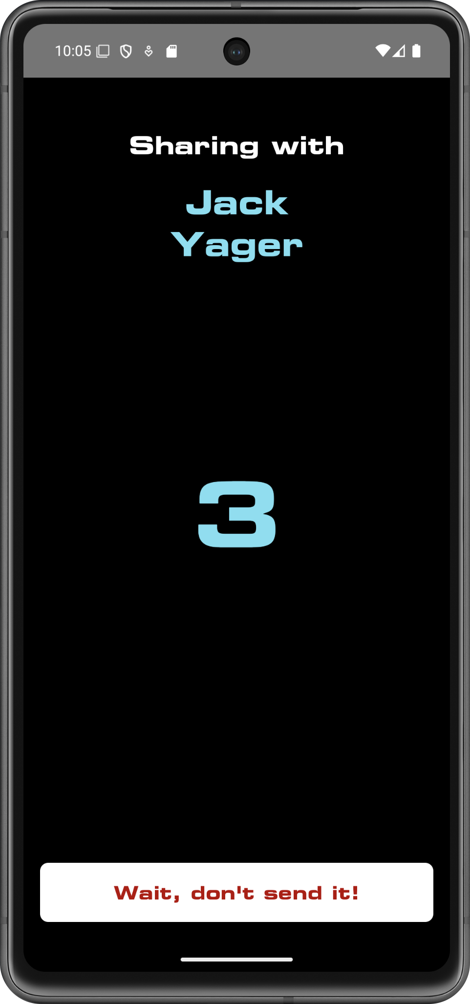 Screenshot of an app with text that says Sharing with Jack Yager, a countdown timer, and a cancel button