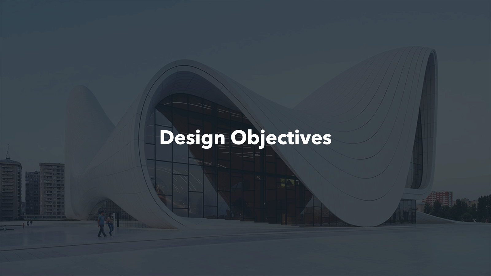 Abstract building with text 'Design Objectives overlaid.'