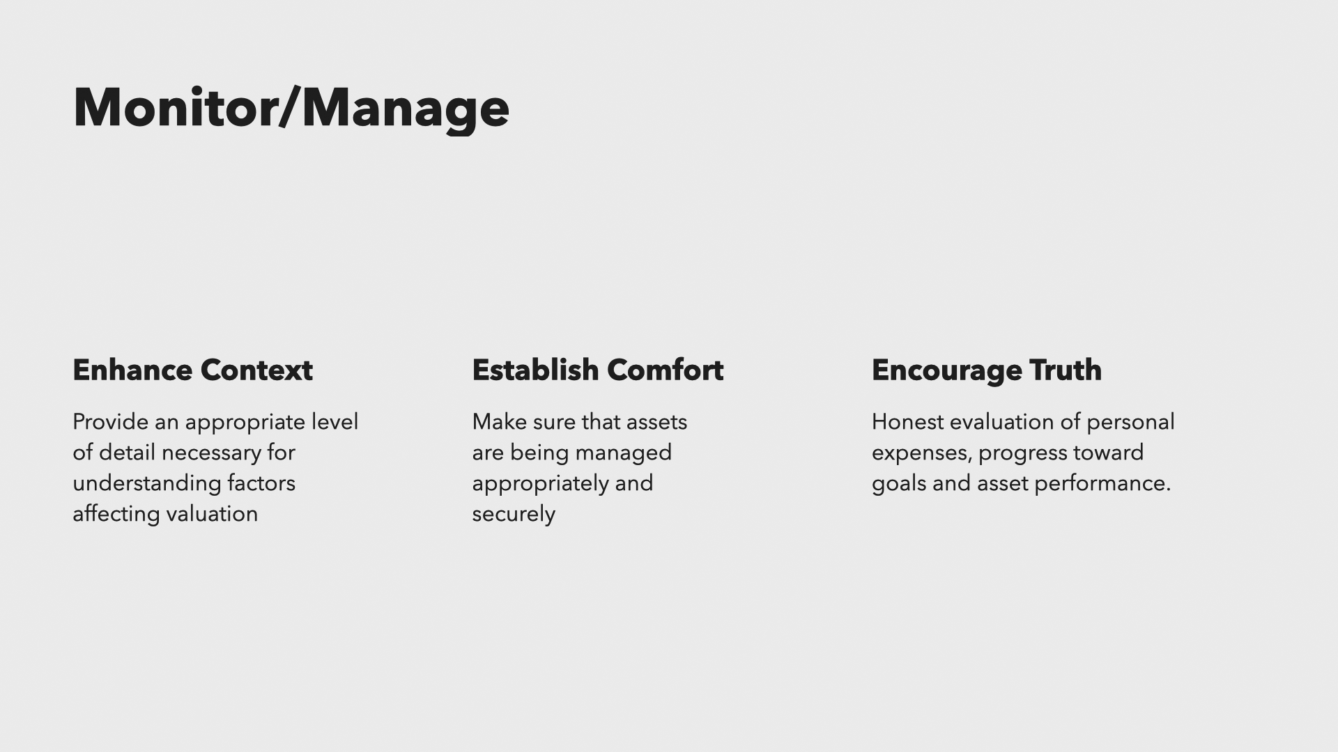 Slide titled 'Monitor/Manage' with 'Enhance Context', 'Establish Comfort', and 'Encourage Truth' as the design objectives.