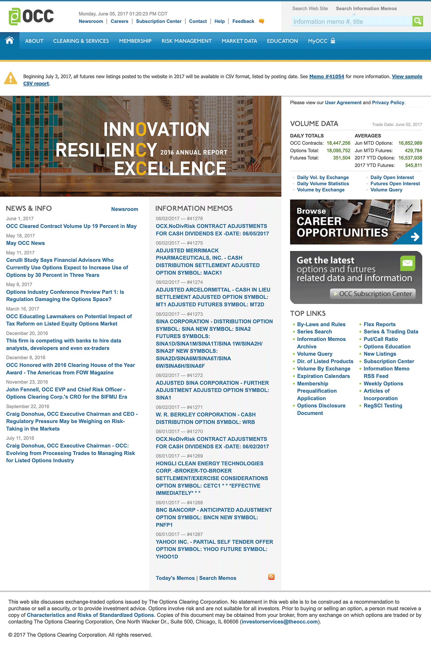 Screenshot of the previous version of the OCC website showcasing information related to options clearing and trading services.