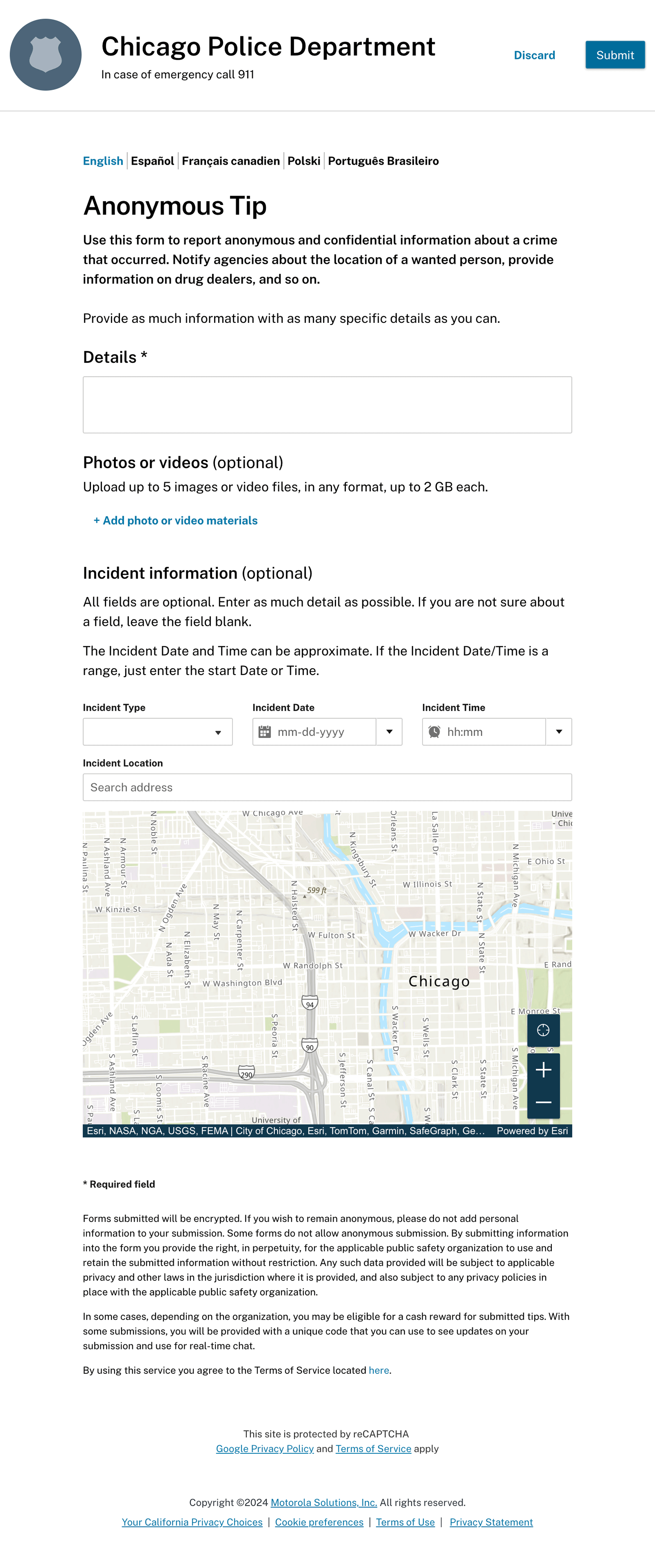 Screenshot of the updated Chicago Police Department's online form for submitting anonymous crime tips, including fields for details, photos, and location.