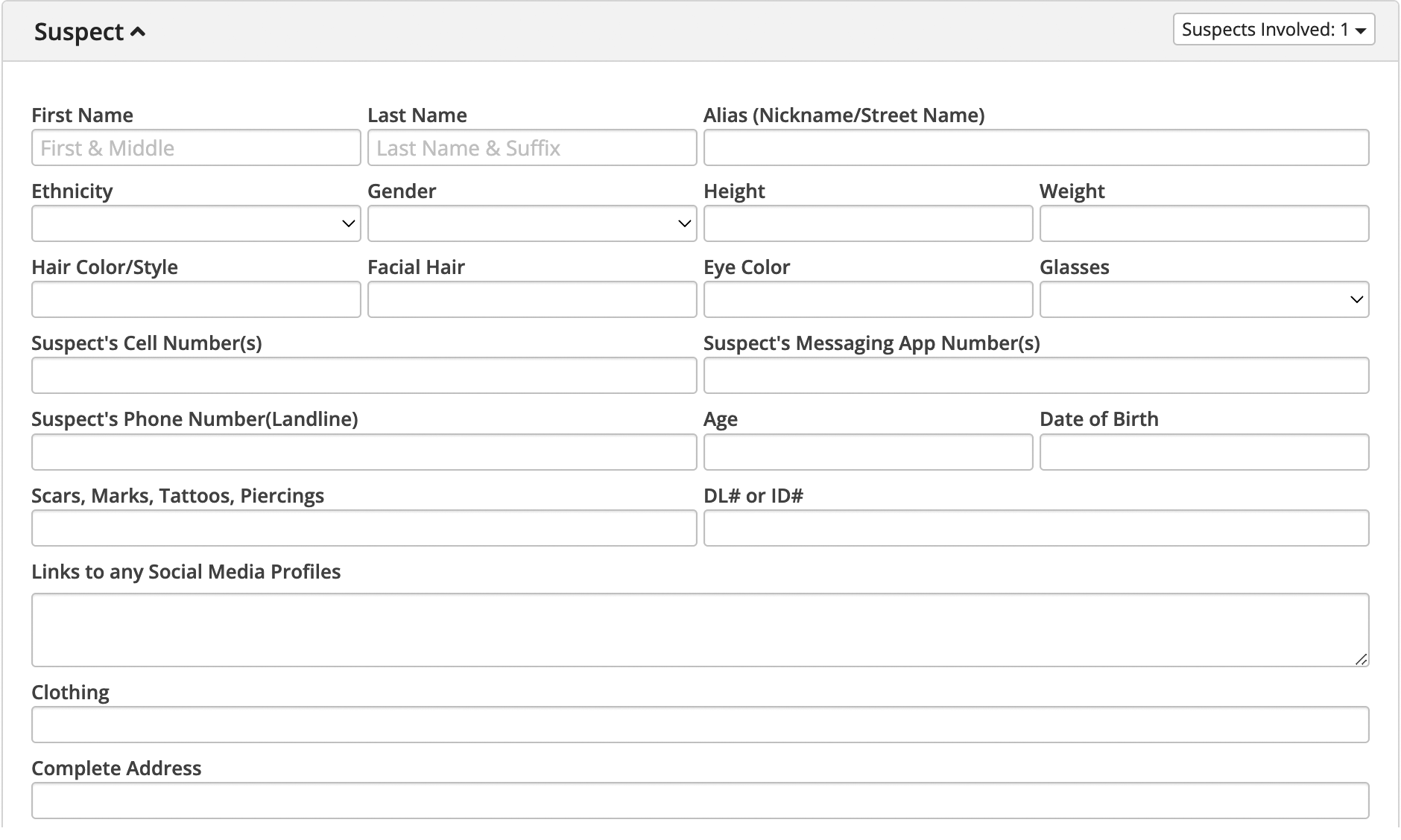 Screenshot of the previous version of an online police report form showing suspect information fields.