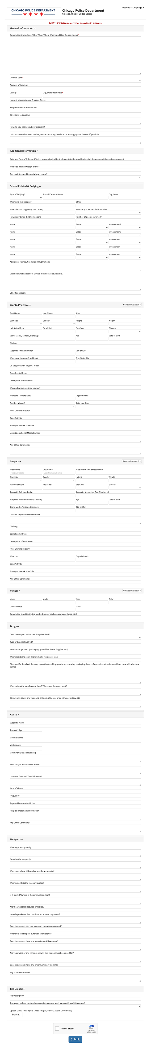 A screenshot of the previous Chicago Police Department online report form, featuring sections for incident details, suspect information, and file uploads.