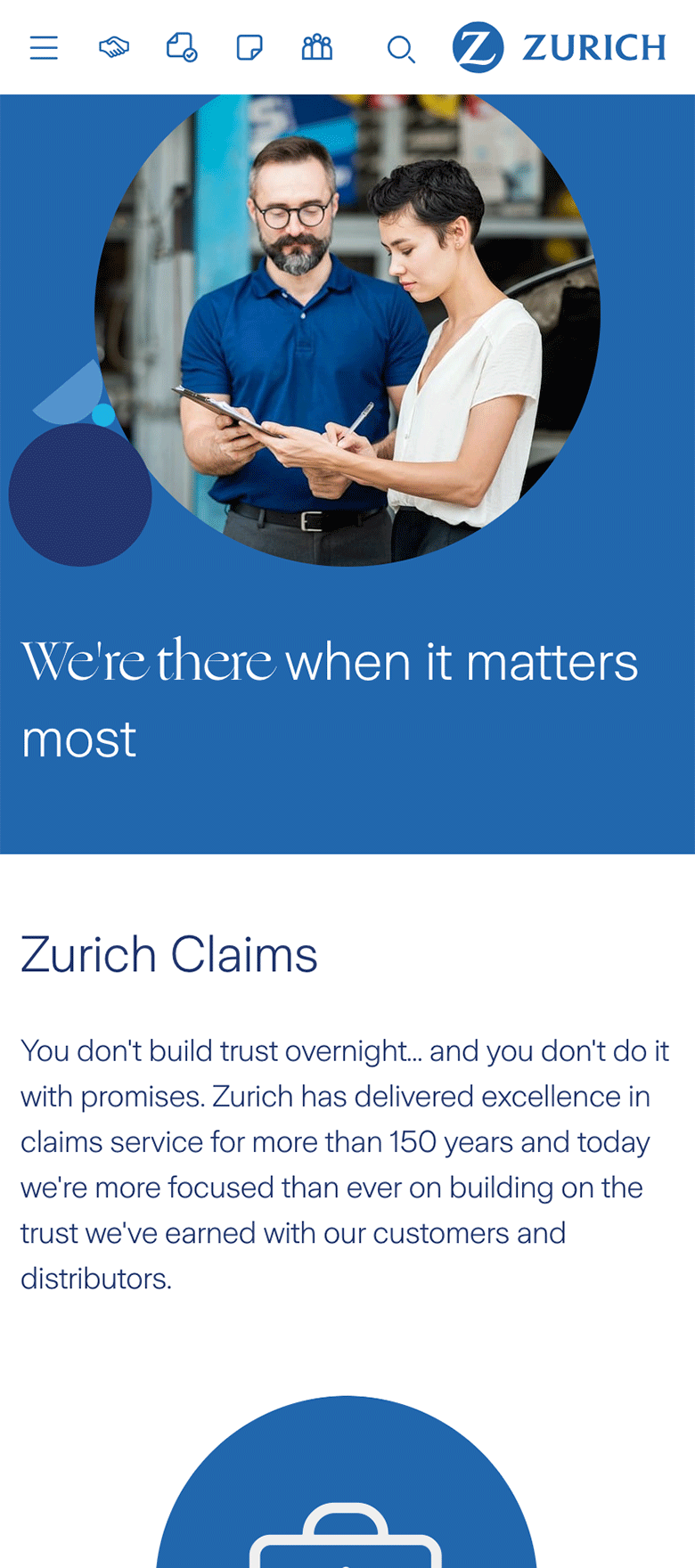 Mobile screenshot of updated Zurich Claims webpage featuring services, resources, and tools to assist customers with reporting and managing insurance claims effectively.