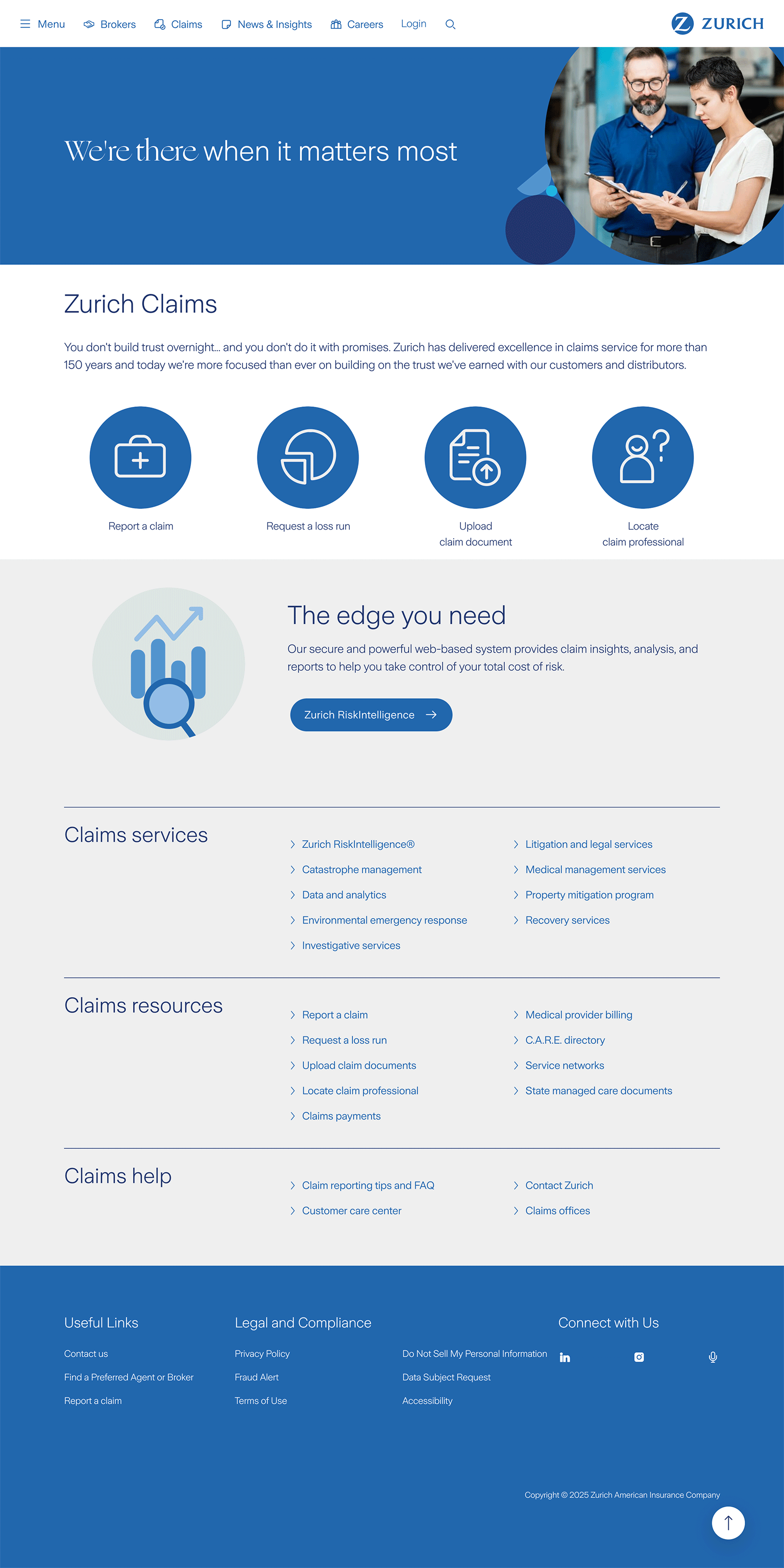 Desktop screenshot of updated Zurich Claims webpage featuring services, resources, and tools to assist customers with reporting and managing insurance claims effectively.