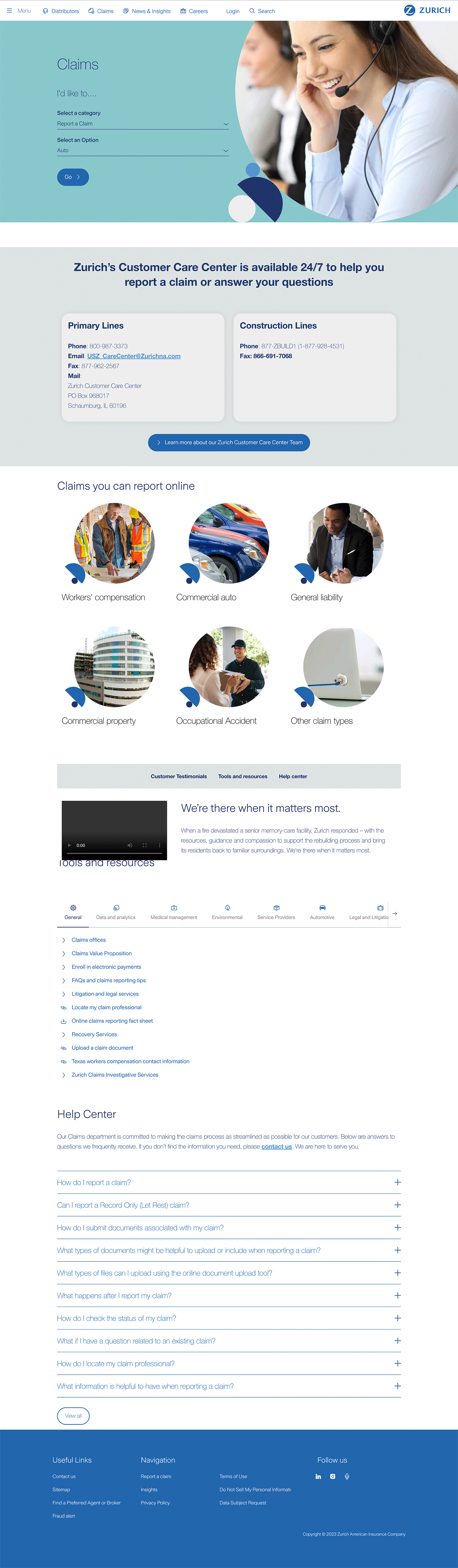 Screenshot of the previous Zurich insurance claim reporting and resources page.